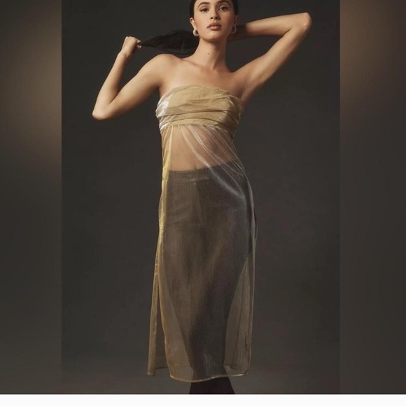 Anthropologie Gold Shimmer Sparkle Tube Mesh Sheer Top - Picture 2 of 5